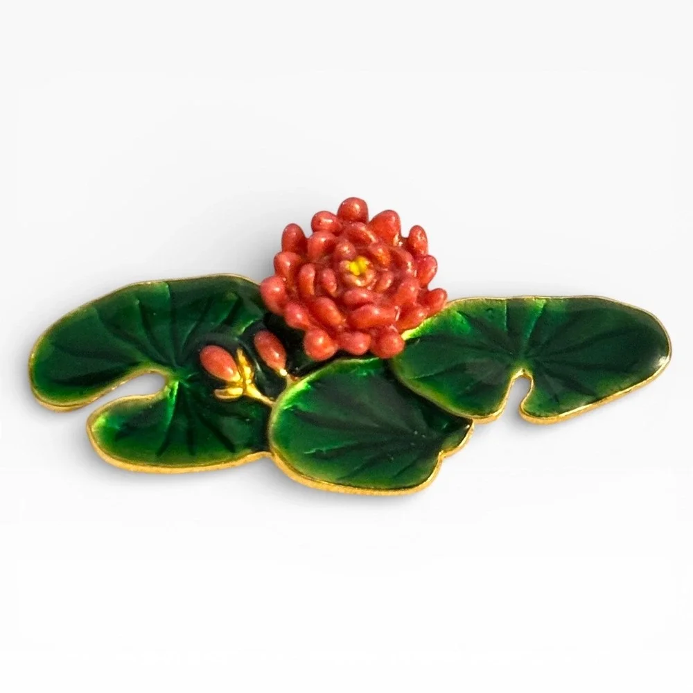 Vintage MFA Enamel‎ Lily Pad & Lotus Brooch Monet Water Lilies Inspired Signed